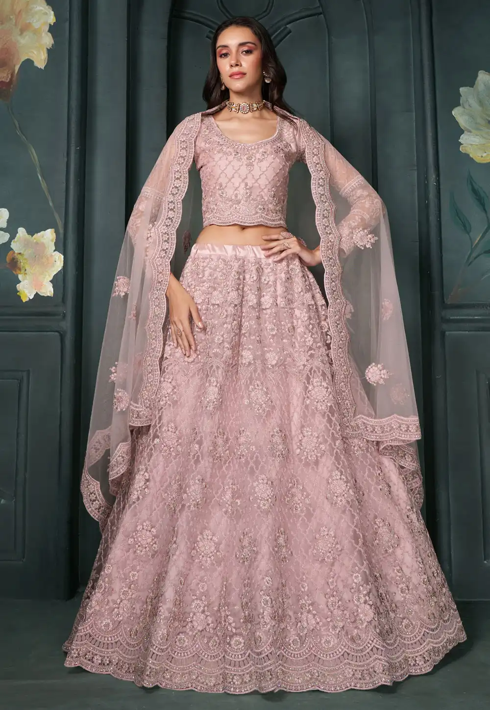 Pink Net Wedding Lehenga Choli 293123