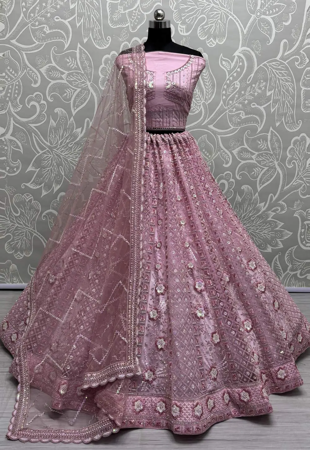 Pink Net Wedding Lehenga Choli 299736