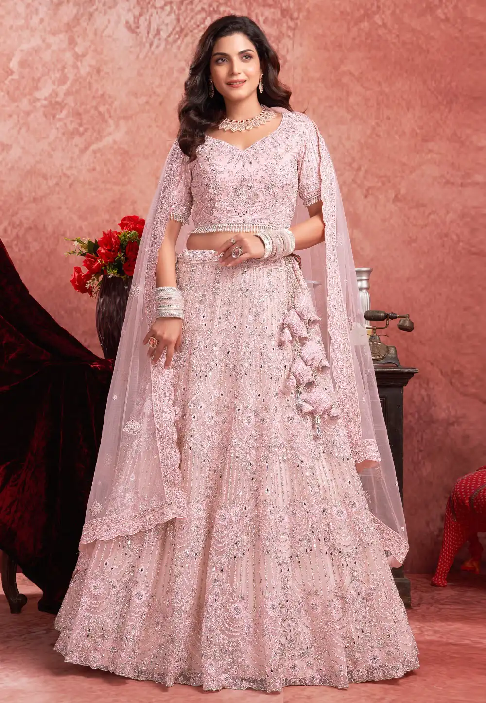 Pink Net Wedding Lehenga Choli 293546