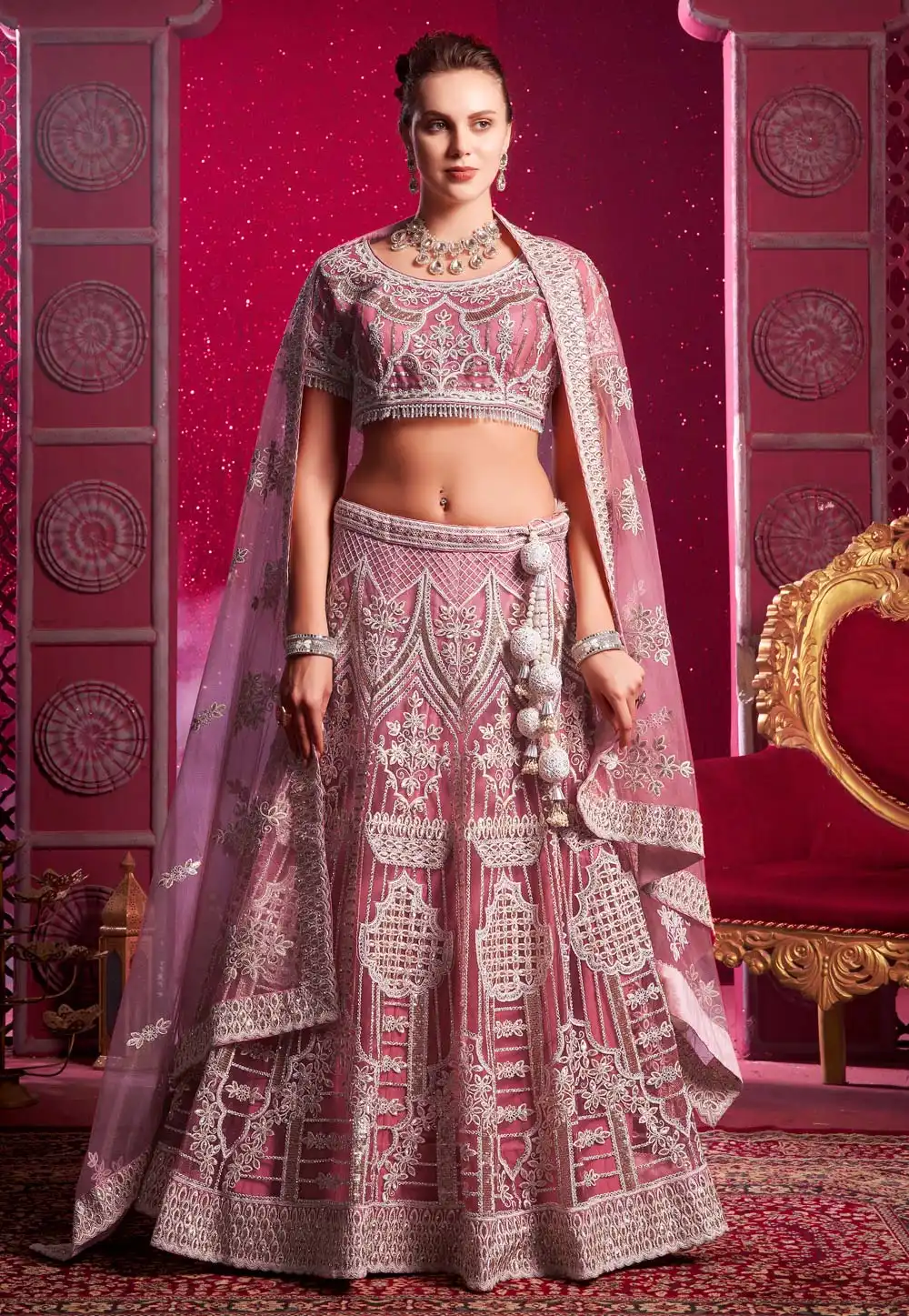 Pink Net Wedding Lehenga Choli 294104