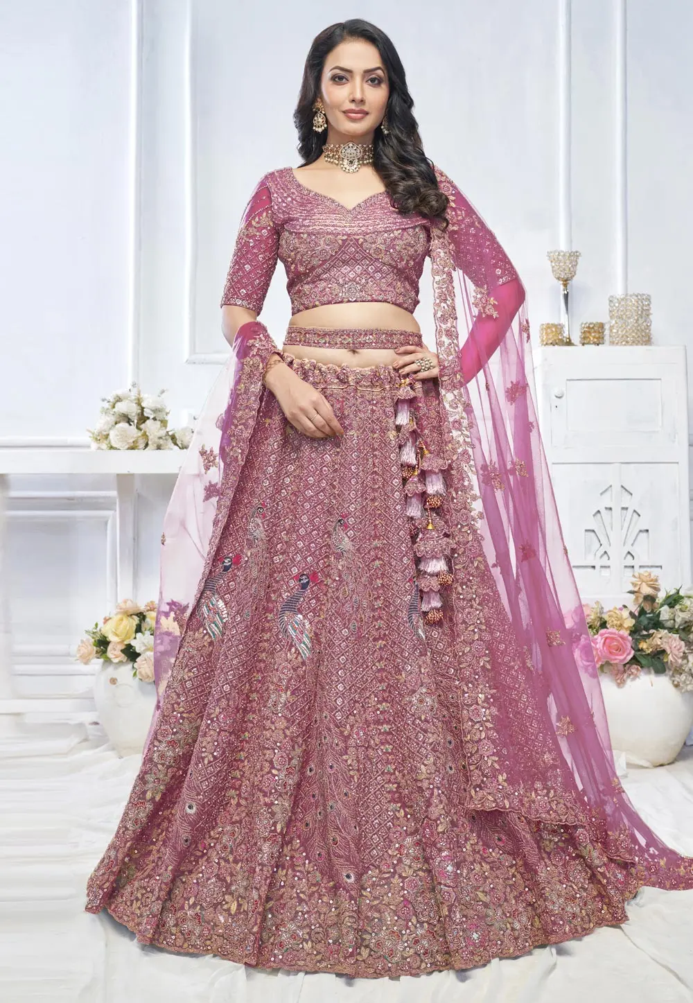 Pink Net Wedding Lehenga Choli 297968