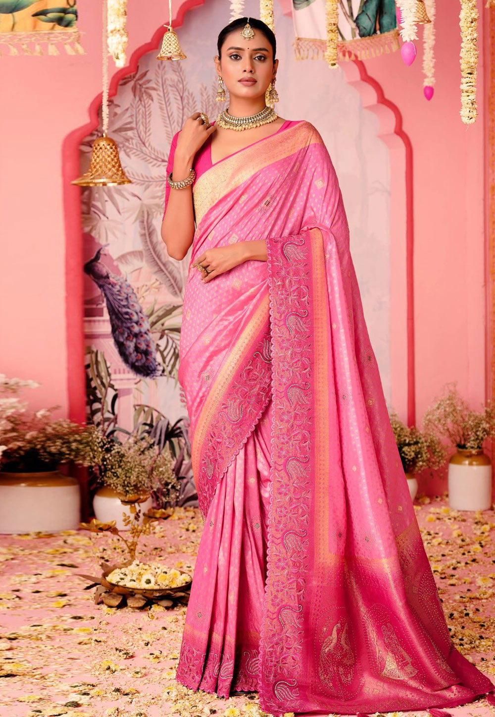 Pink Nylon Saree With Blouse 306167