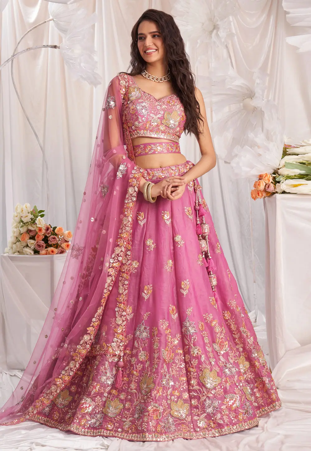 Pink Organza A Line Lehenga Choli 295374