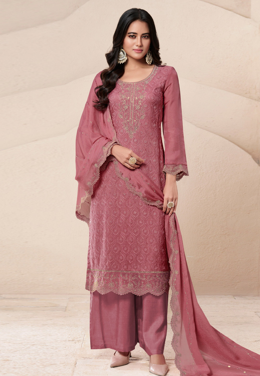 Pink Organza Embroidered Palazzo Suit 310629