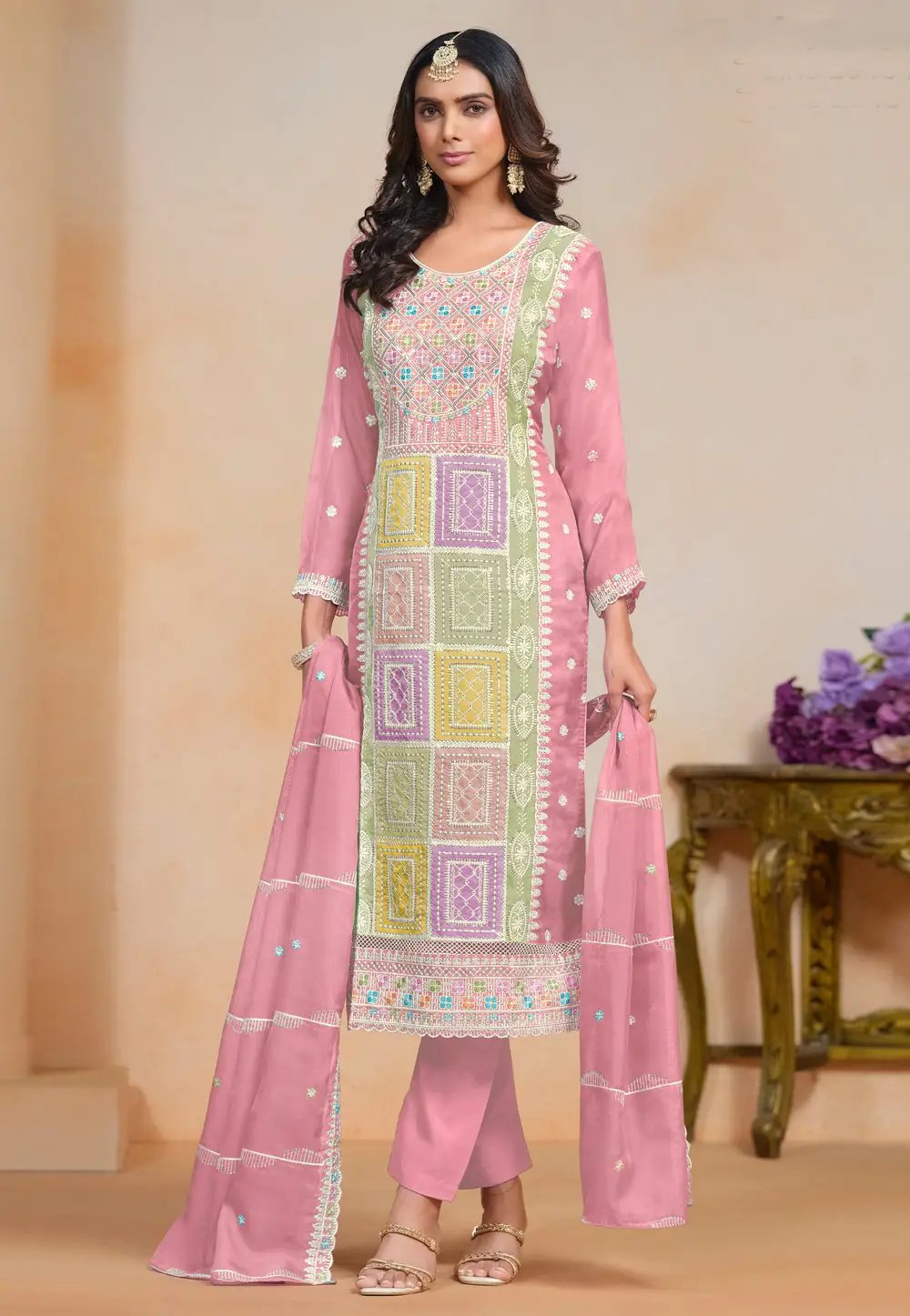 Pink Organza Embroidered Pant Style Suit 296160