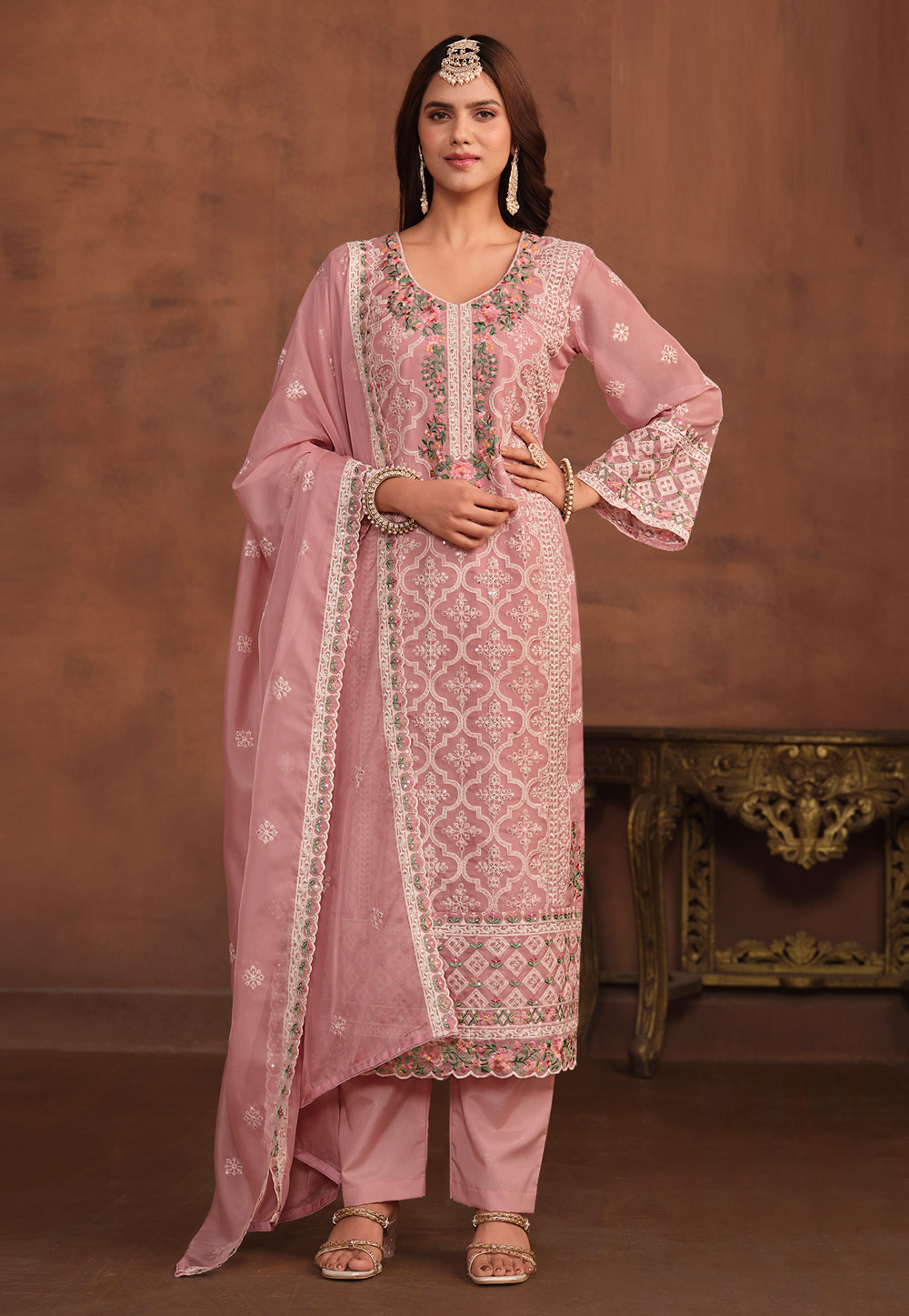 Pink Organza Embroidered Pant Style Suit 280745