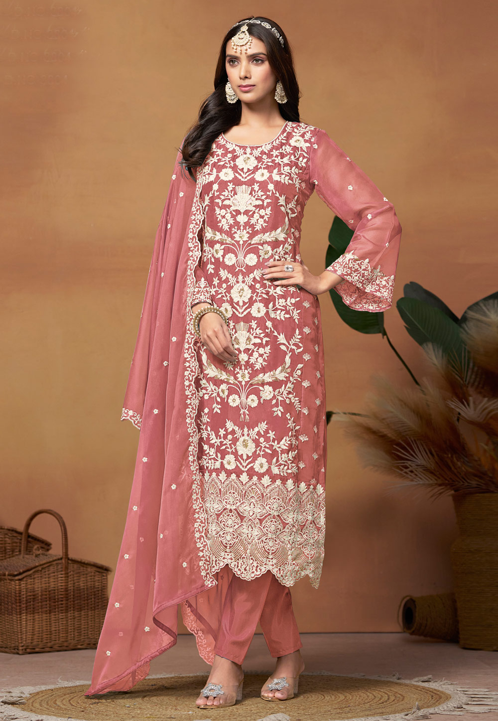 Pink Organza Embroidered Straight Suit 287107