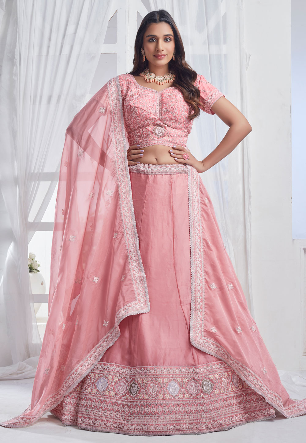 Pink Organza Lehenga Choli 286638