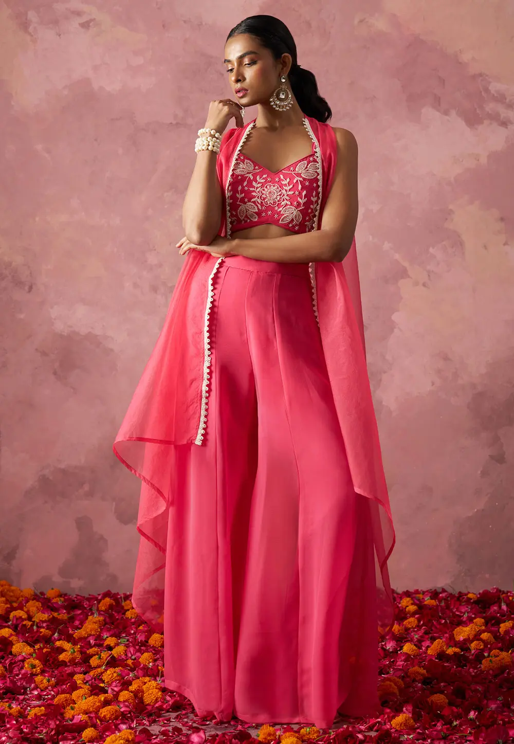 Pink Organza Palazzo With Crop Top 304243