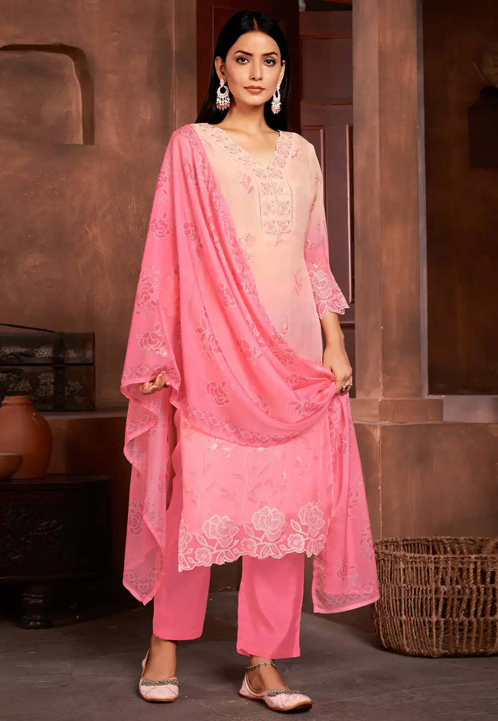 Pink Organza Readymade Pakistani Suit 288393