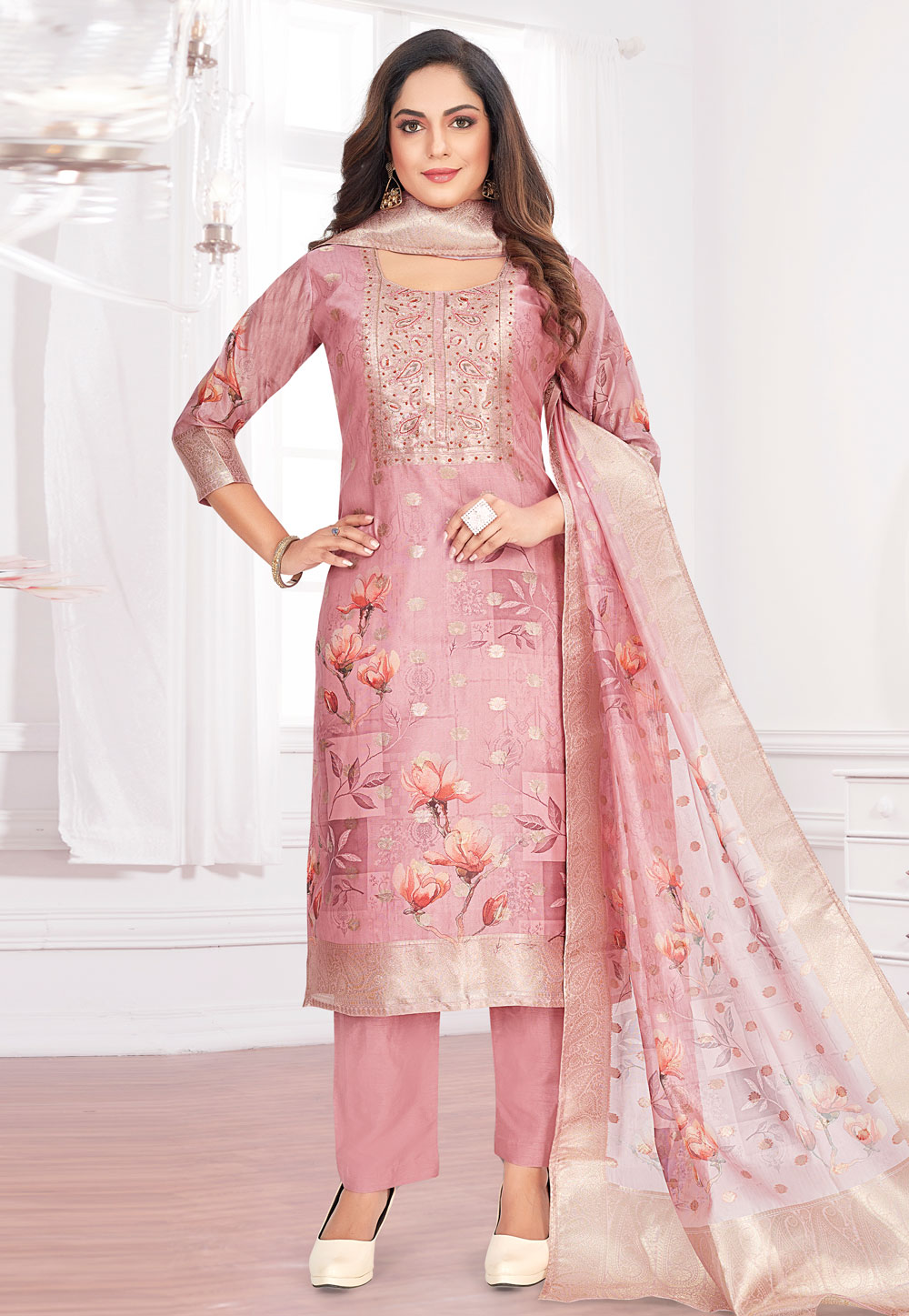 Pink Organza Readymade Pant Style Suit 305038