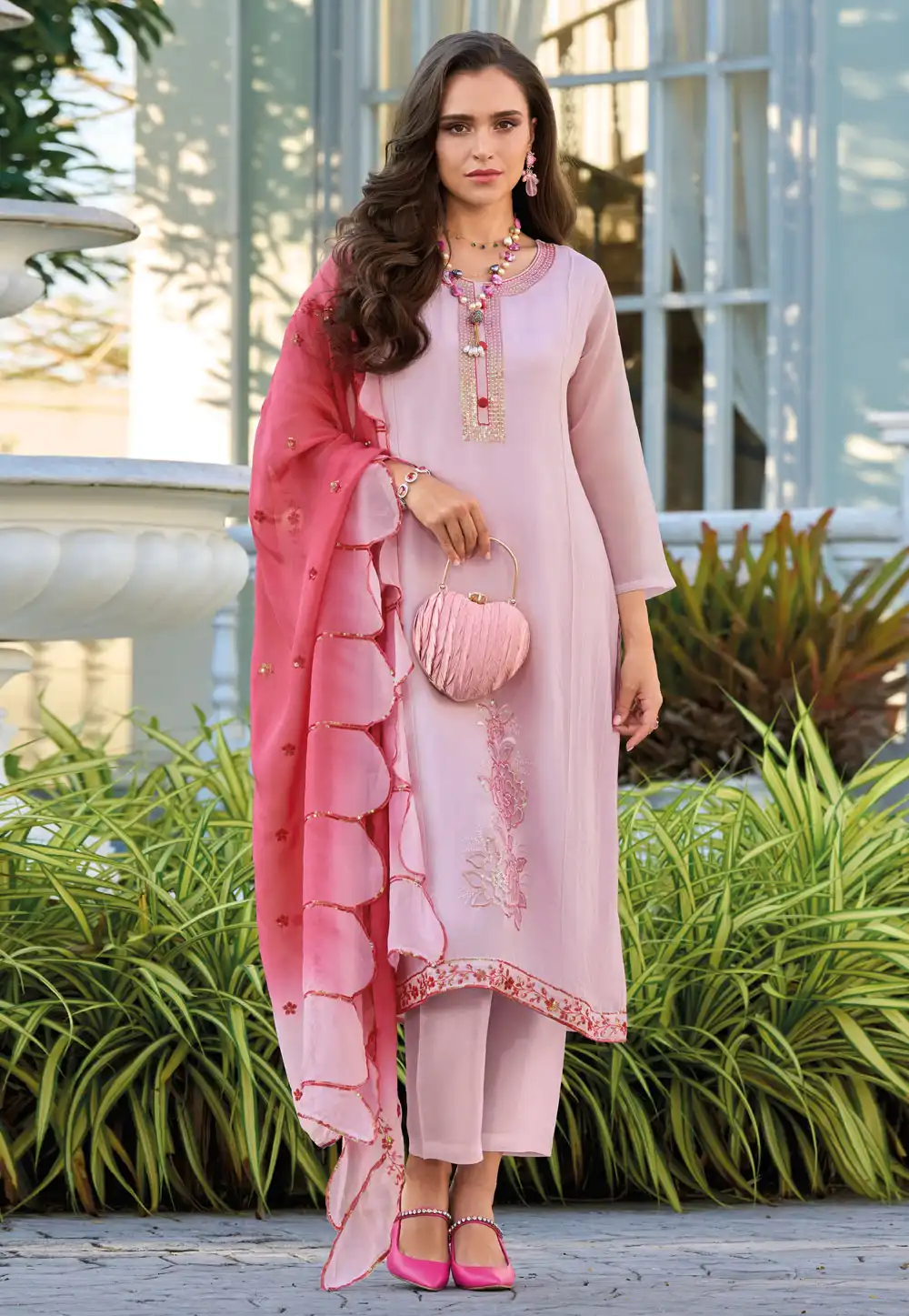 Pink Organza Readymade Pant Style Suit 291007