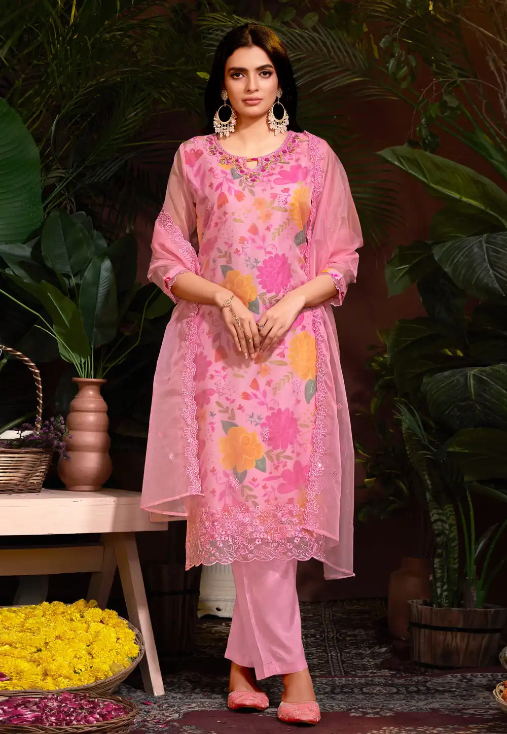 Pink Organza Readymade Pant Style Suit 288383