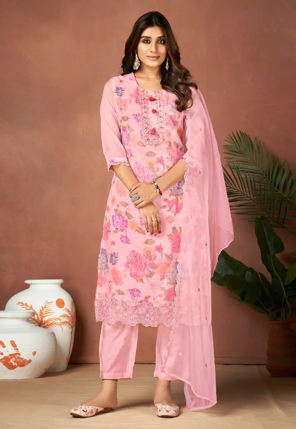 Pink Organza Readymade Pant Style Suit 288385