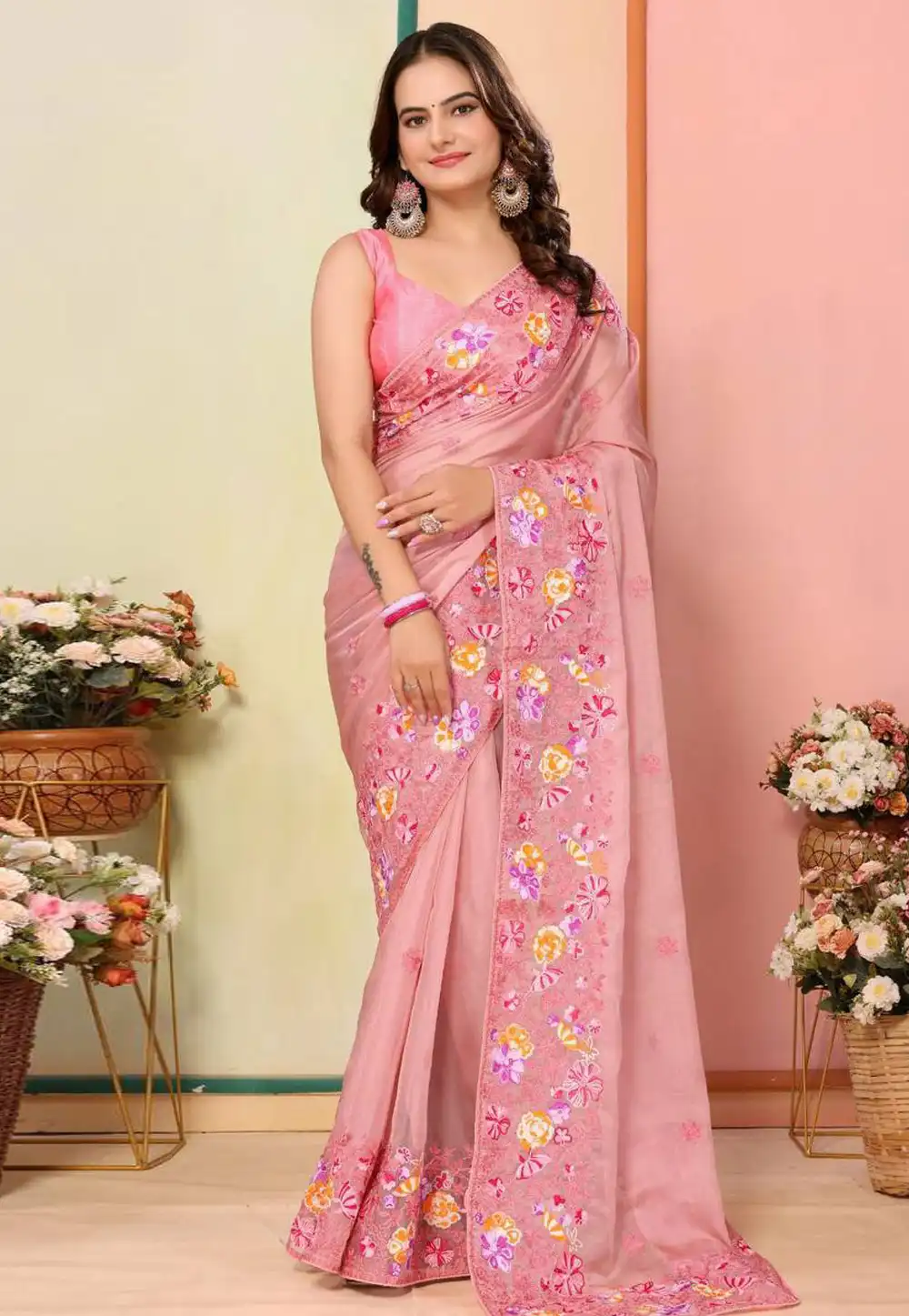 Pink Organza Saree With Blouse 291088