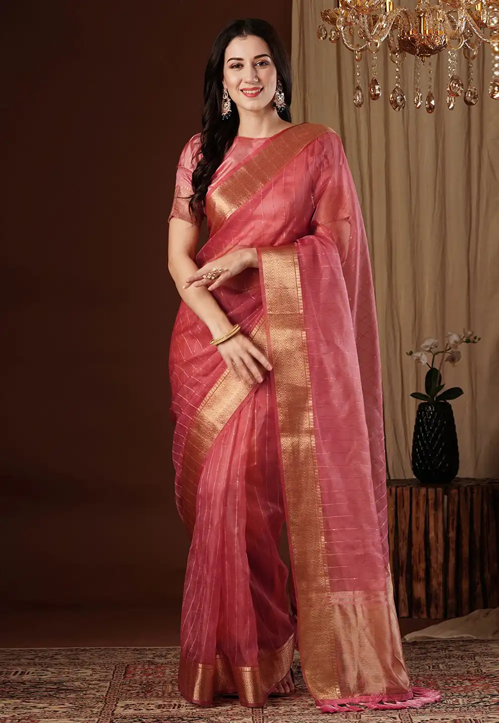 Pink Organza Saree With Blouse 293495