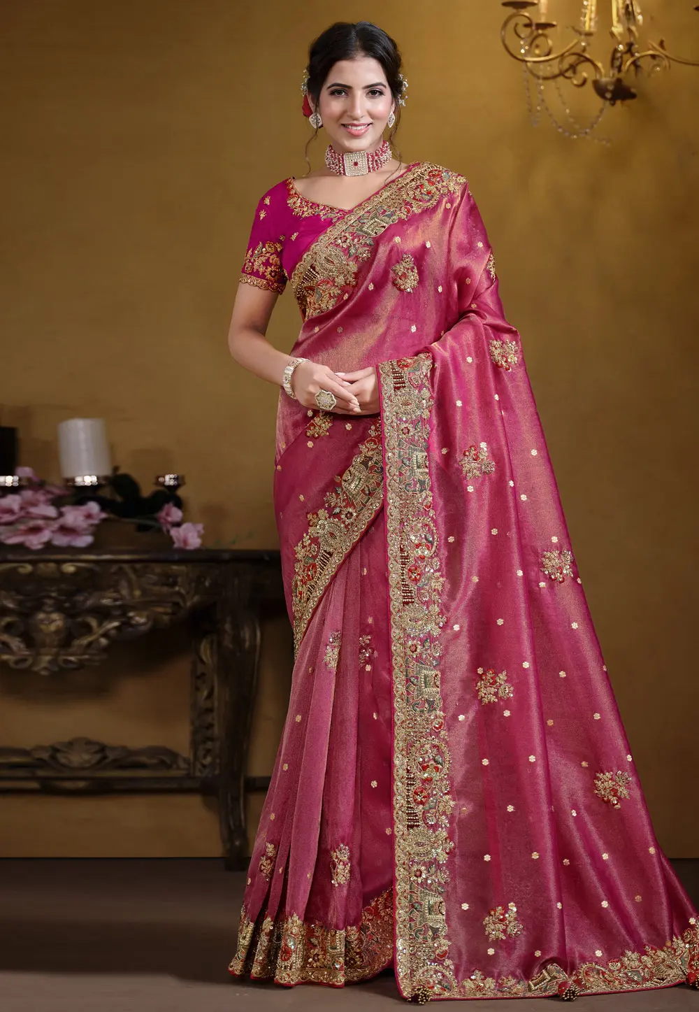 Pink Organza Saree With Blouse 302019