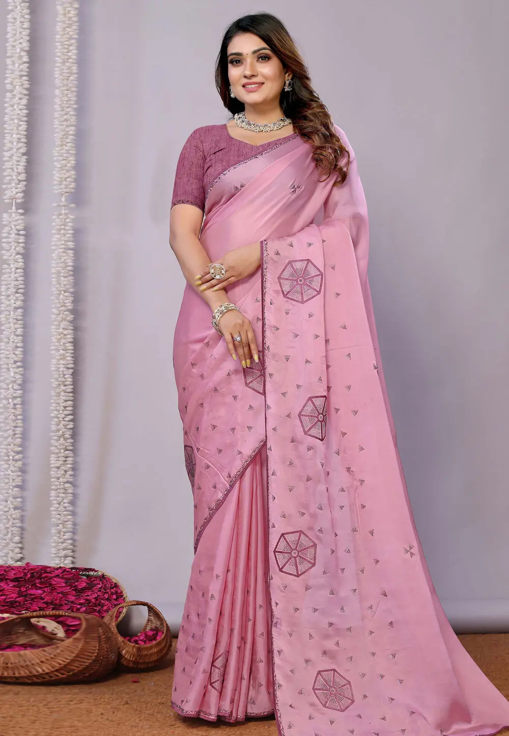 Pink Organza Saree With Blouse 299509