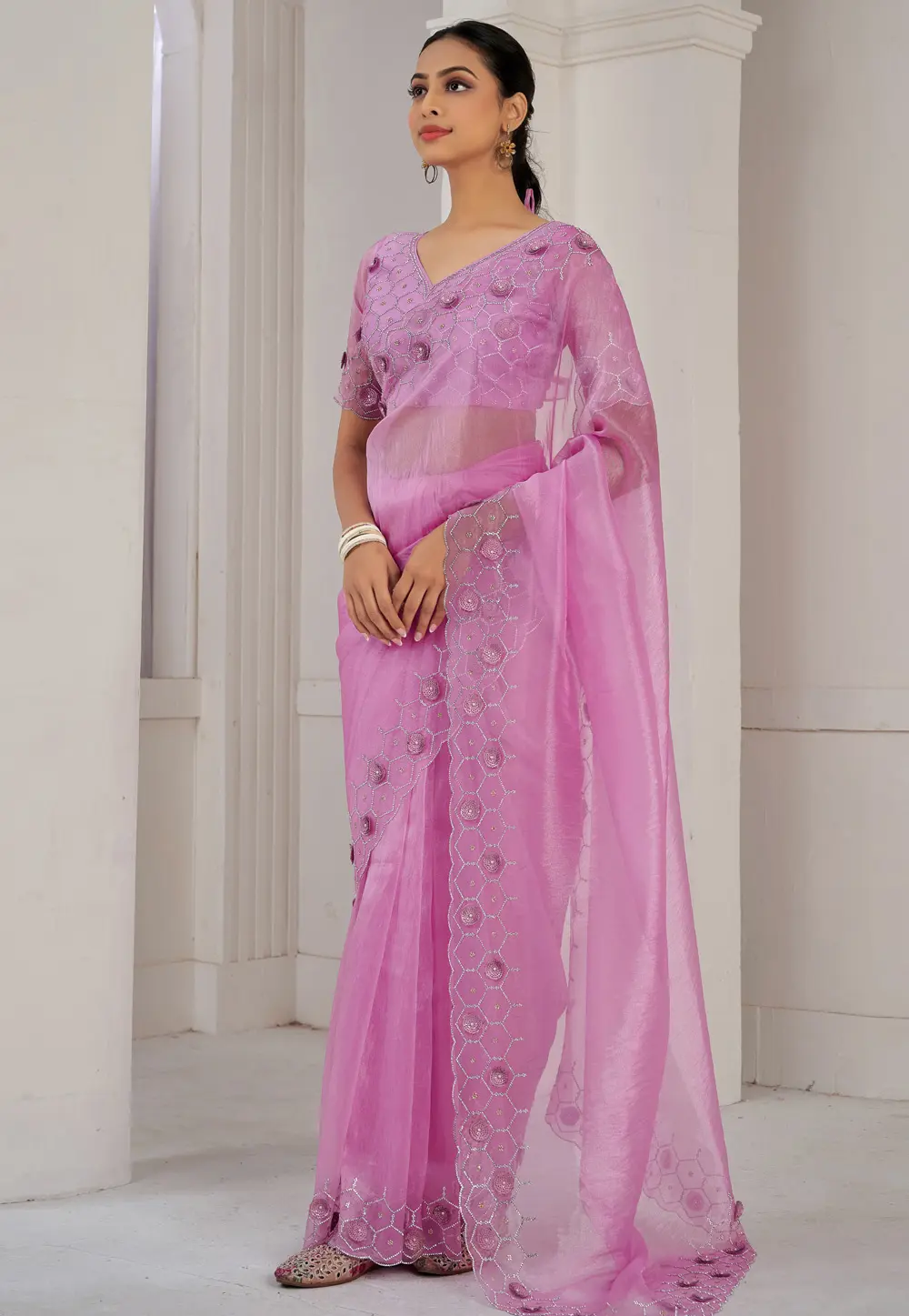 Pink Organza Saree With Blouse 299474