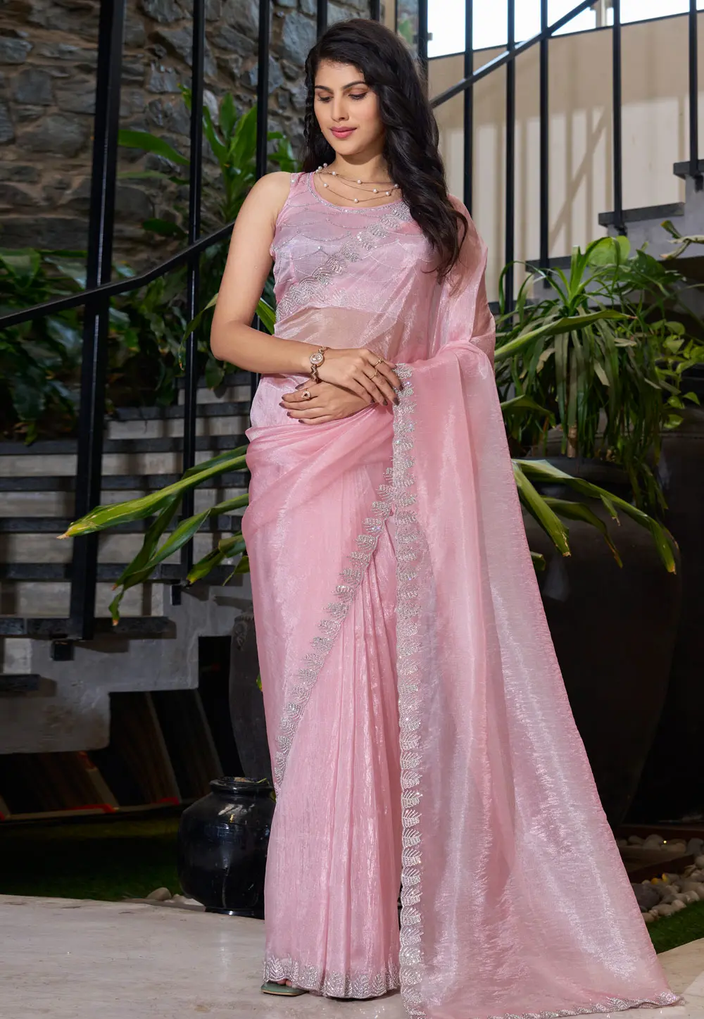 Pink Organza Saree With Blouse 300127