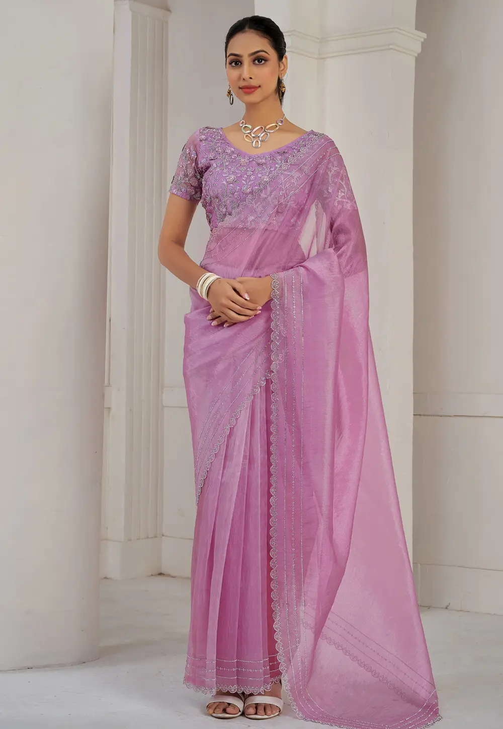 Pink Organza Saree With Blouse 300565