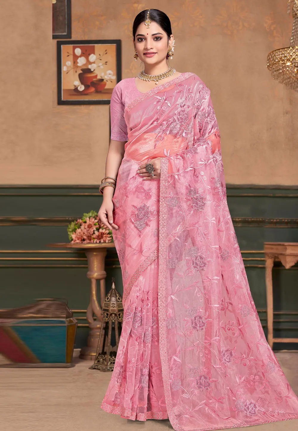 Pink Organza Saree With Blouse 304155