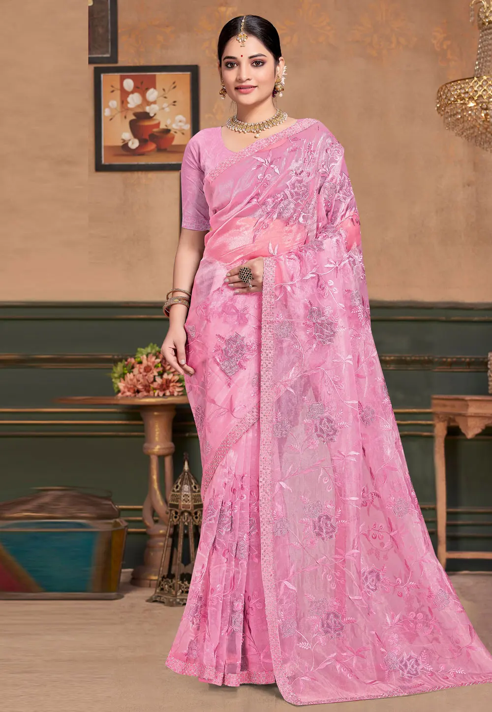 Pink Organza Saree With Blouse 304157