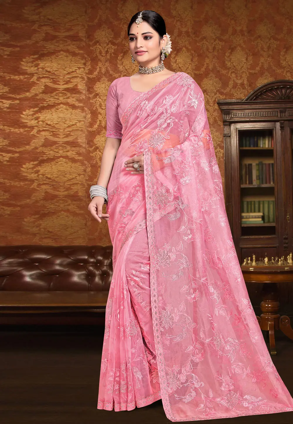 Pink Organza Saree With Blouse 304160