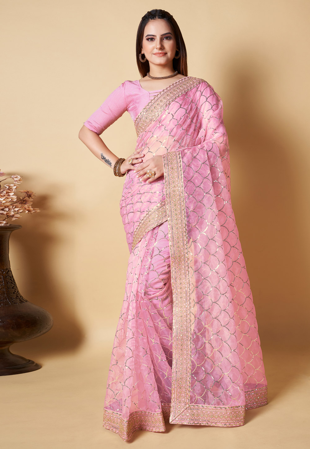 Pink Organza Saree With Blouse 287117