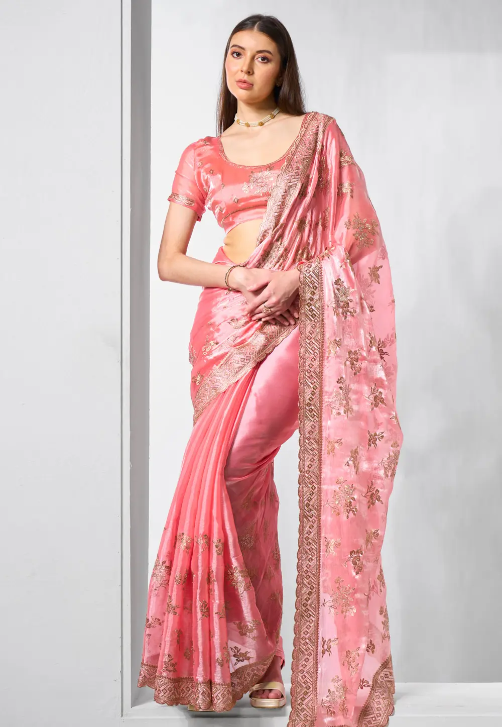 Pink Organza Saree With Blouse 299048