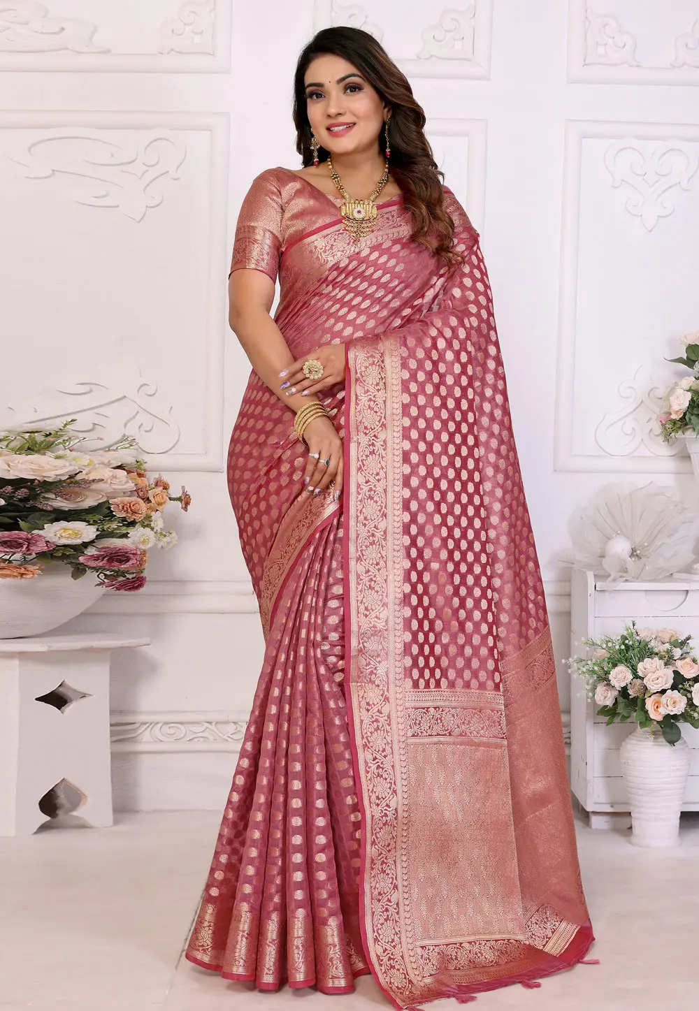 Pink Organza Saree With Blouse 304122