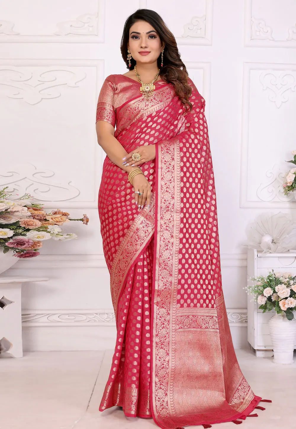 Pink Organza Saree With Blouse 304126