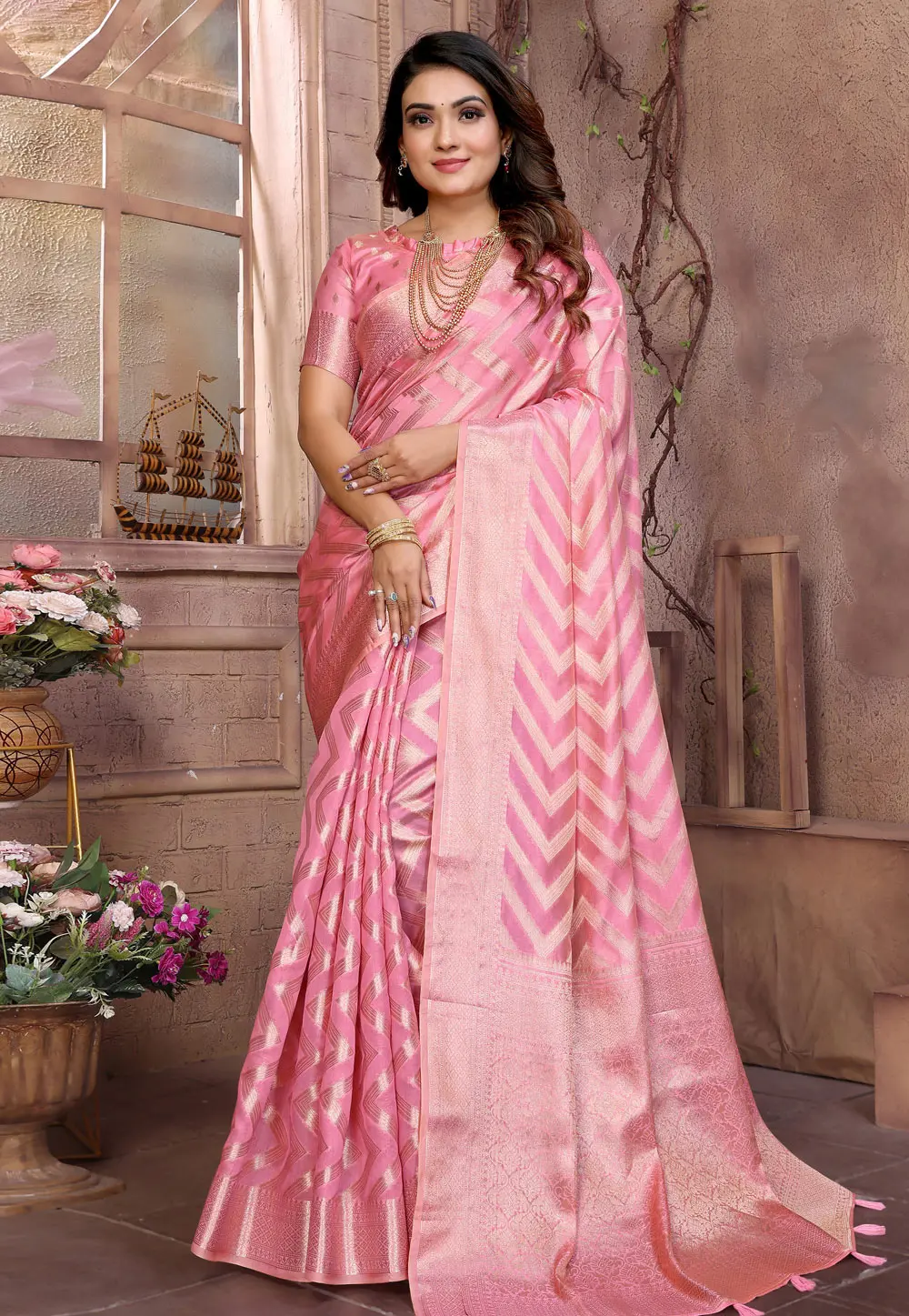 Pink Organza Saree With Blouse 304547