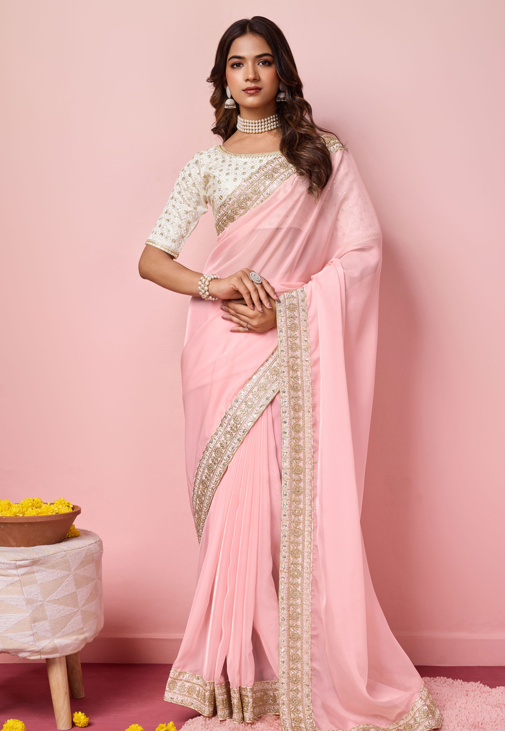 Pink Organza Saree With Blouse 287786