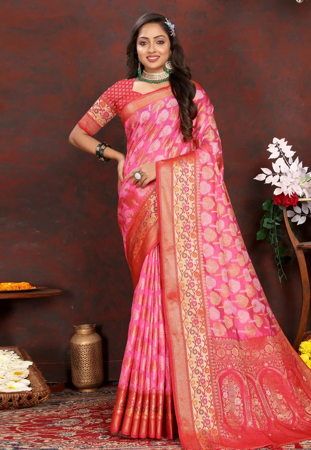 Pink Organza Saree With Blouse 300511