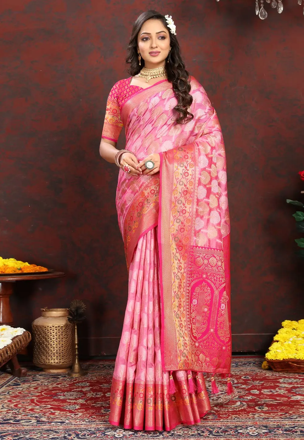 Pink Organza Saree With Blouse 300513