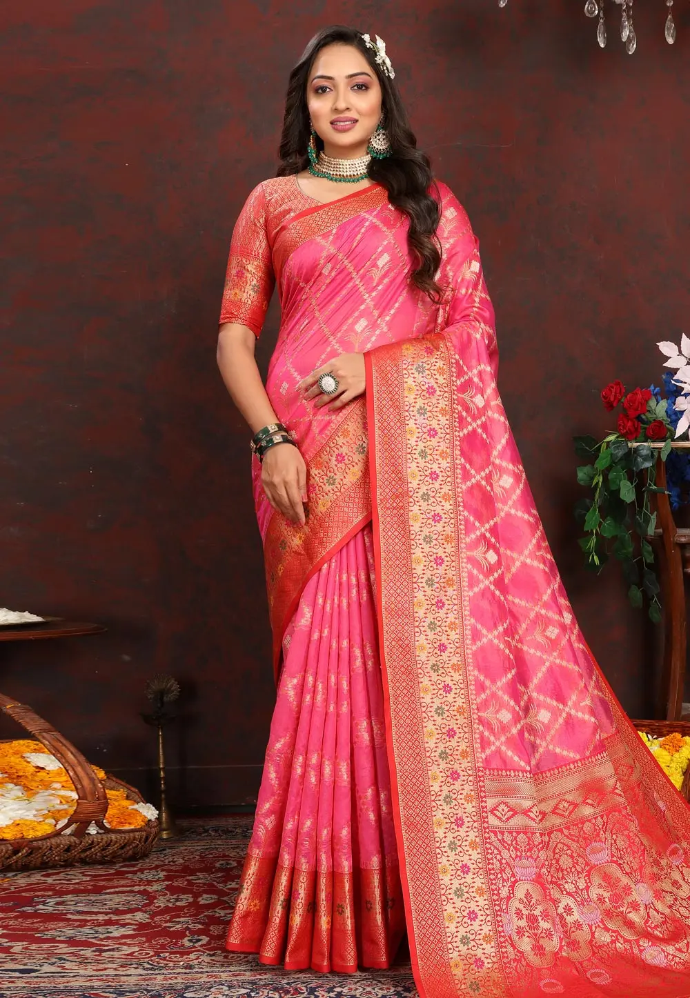 Pink Organza Saree With Blouse 300517