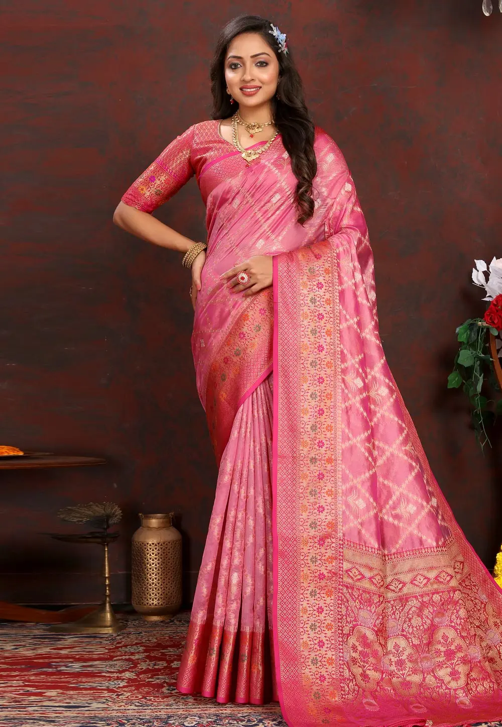 Pink Organza Saree With Blouse 300518