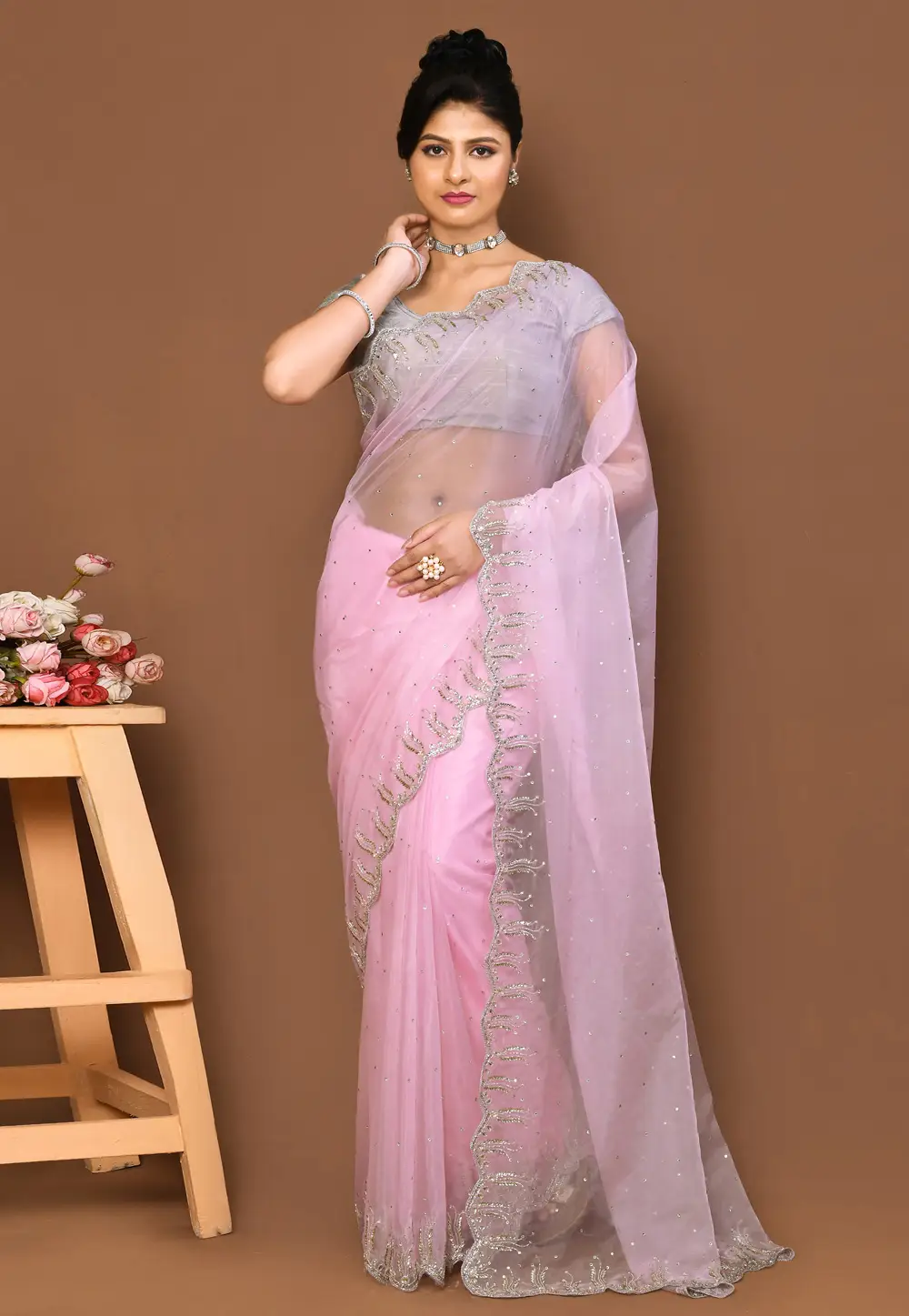 Pink Organza Saree With Blouse 296002