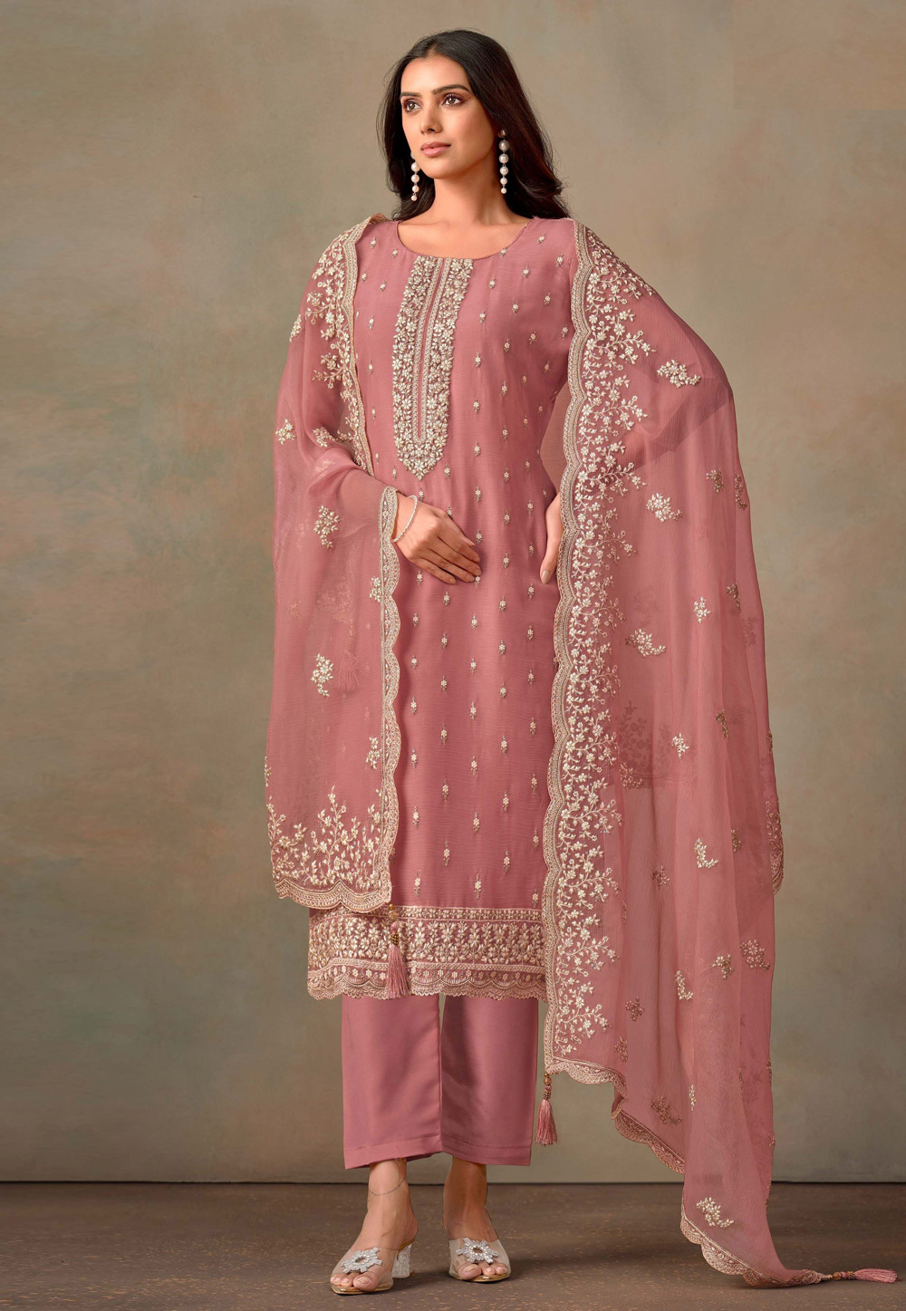 Pink Organza Straight Suit 287833