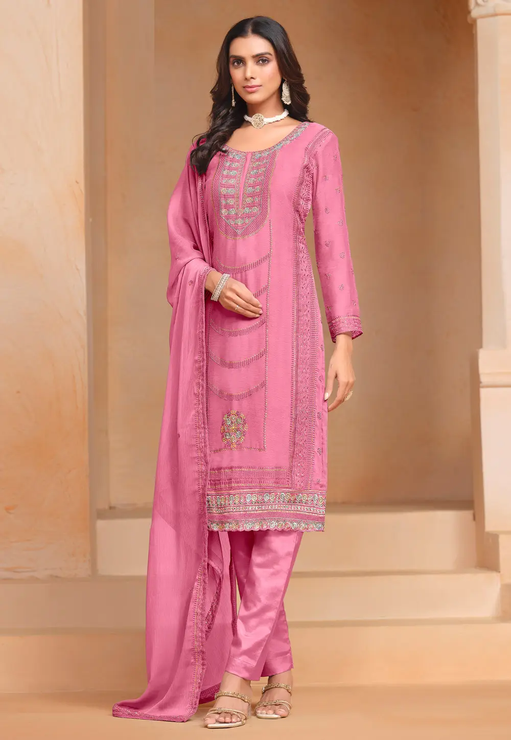 Pink Organza Straight Suit 295399