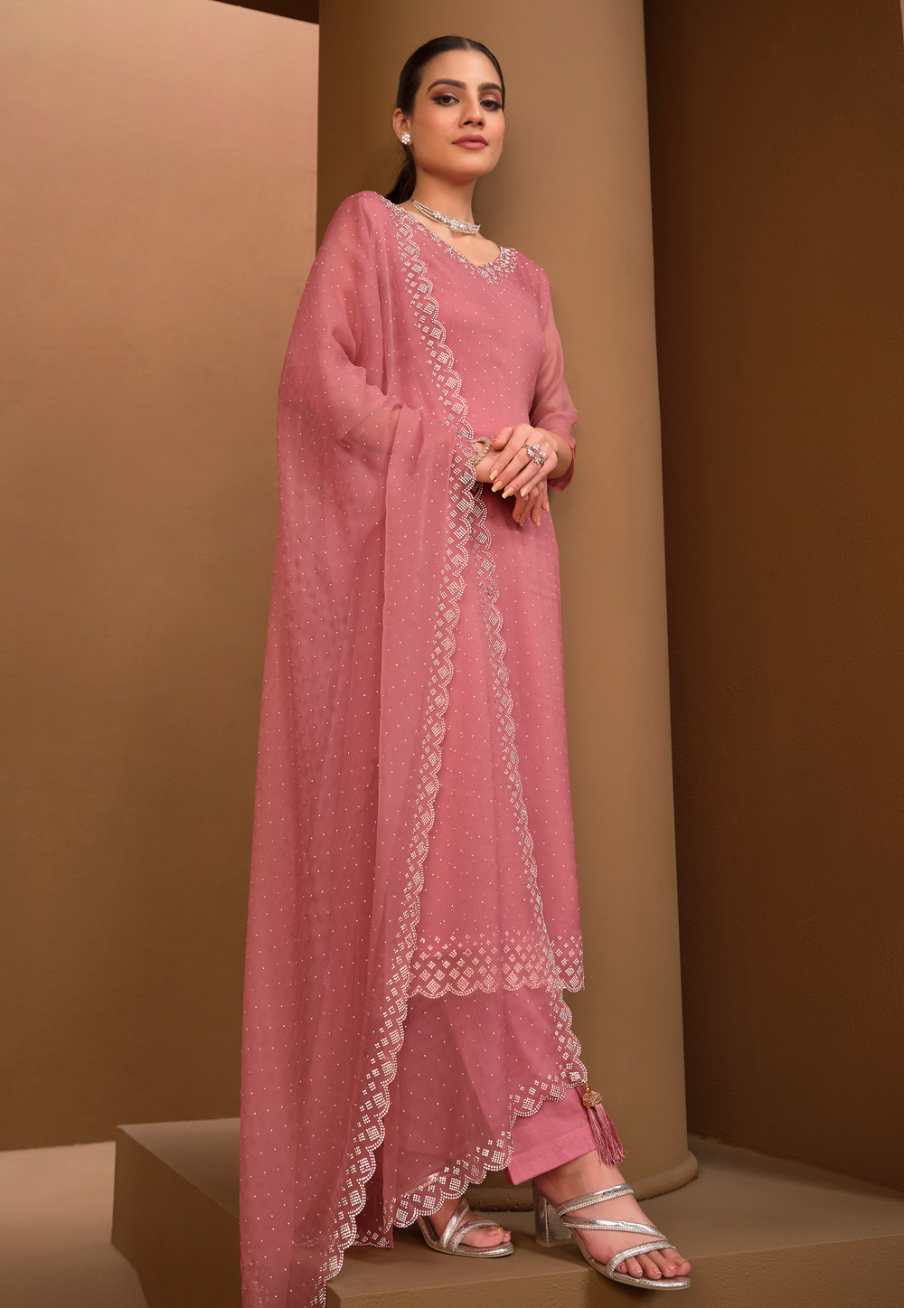 Pink Organza Straight Suit 285027