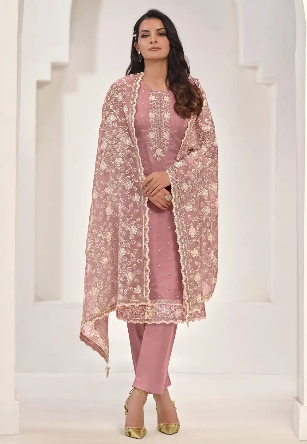 Pink Organza Straight Suit 290970