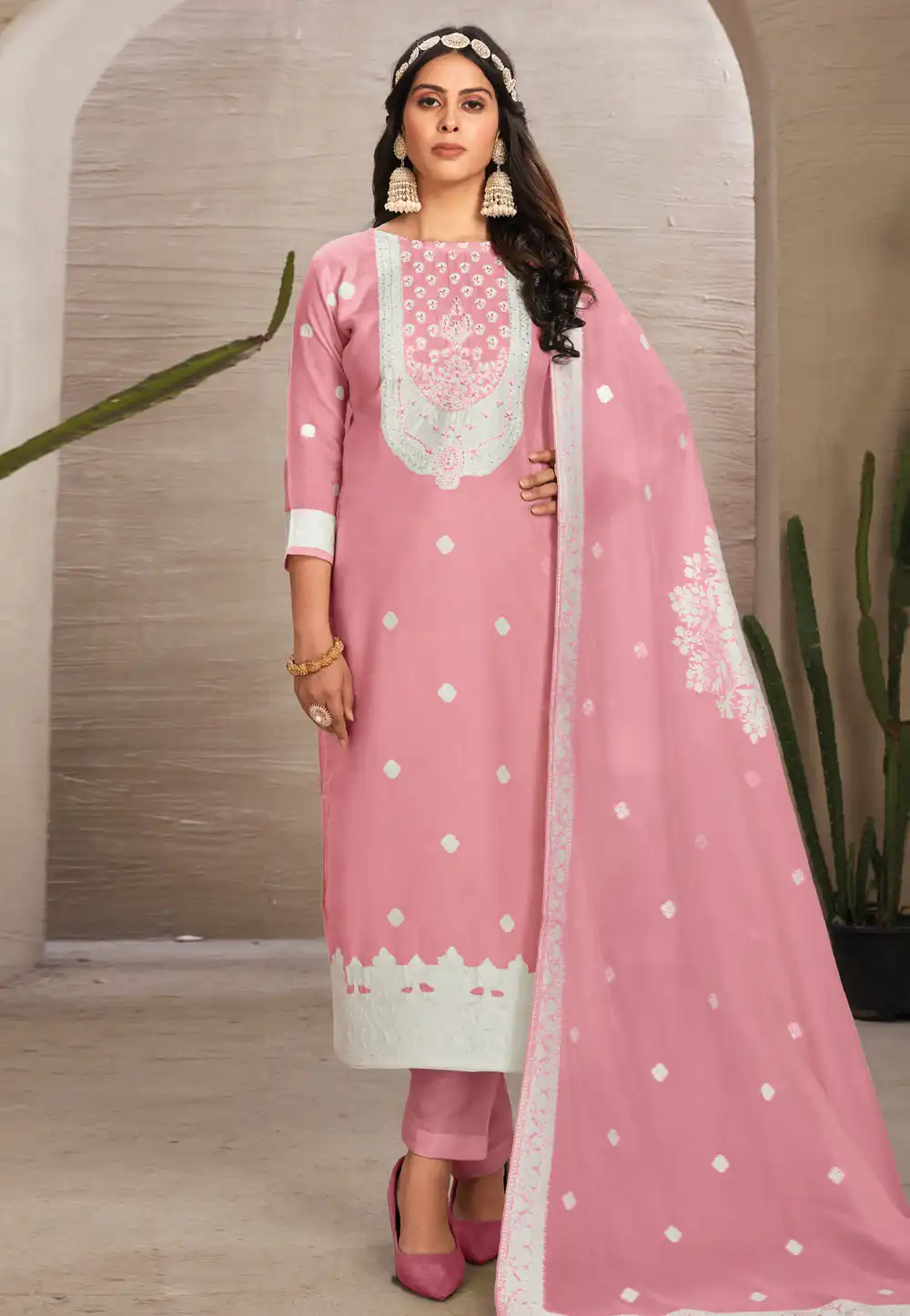 Pink Organza Straight Suit 290304