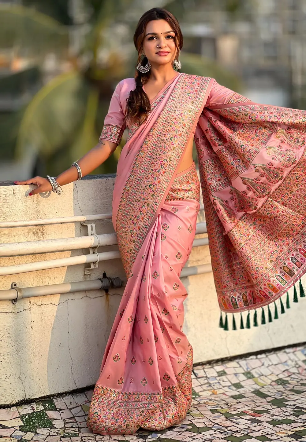 Pink Pashmina Saree With Blouse 297388