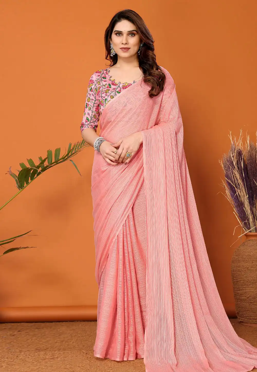 Pink Polyester Saree With Blouse 290709