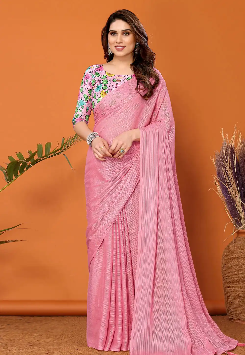 Pink Polyester Saree With Blouse 290712