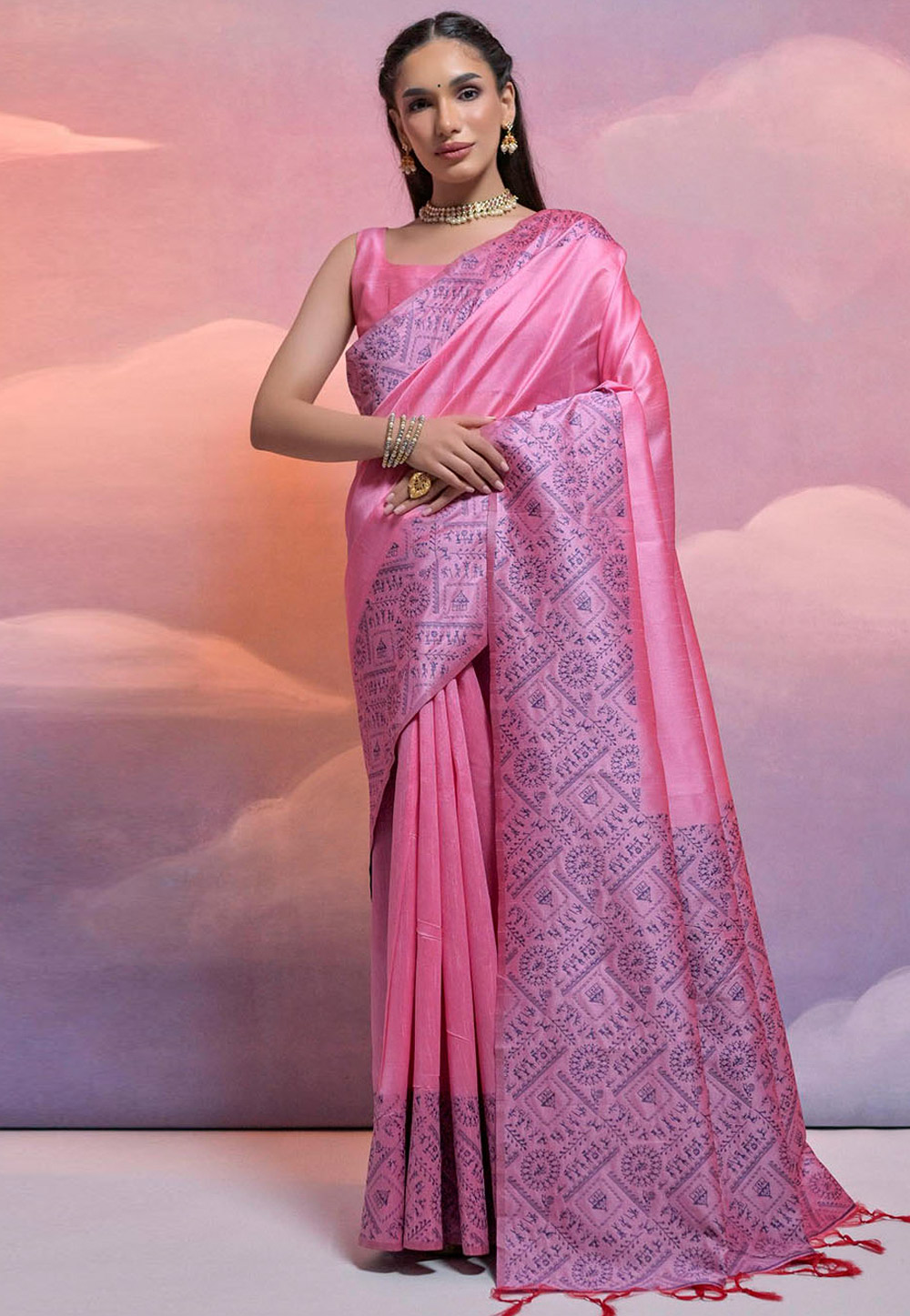 Pink Raw Silk Saree With Blouse 281761