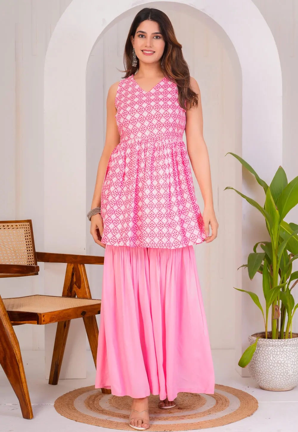 Pink Rayon Kurta Set With Sharara 303478