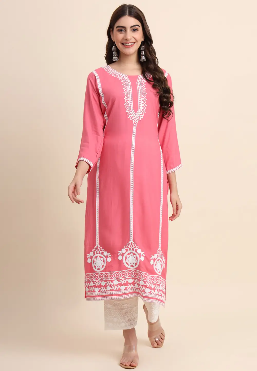 Pink Rayon Long Kurti 296724